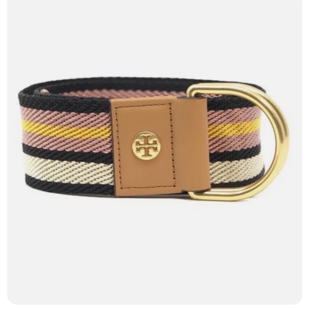 Tory Burch Web Belt Multicolor Stripe Brown Leather Buckle Gold Tone D Ring XS